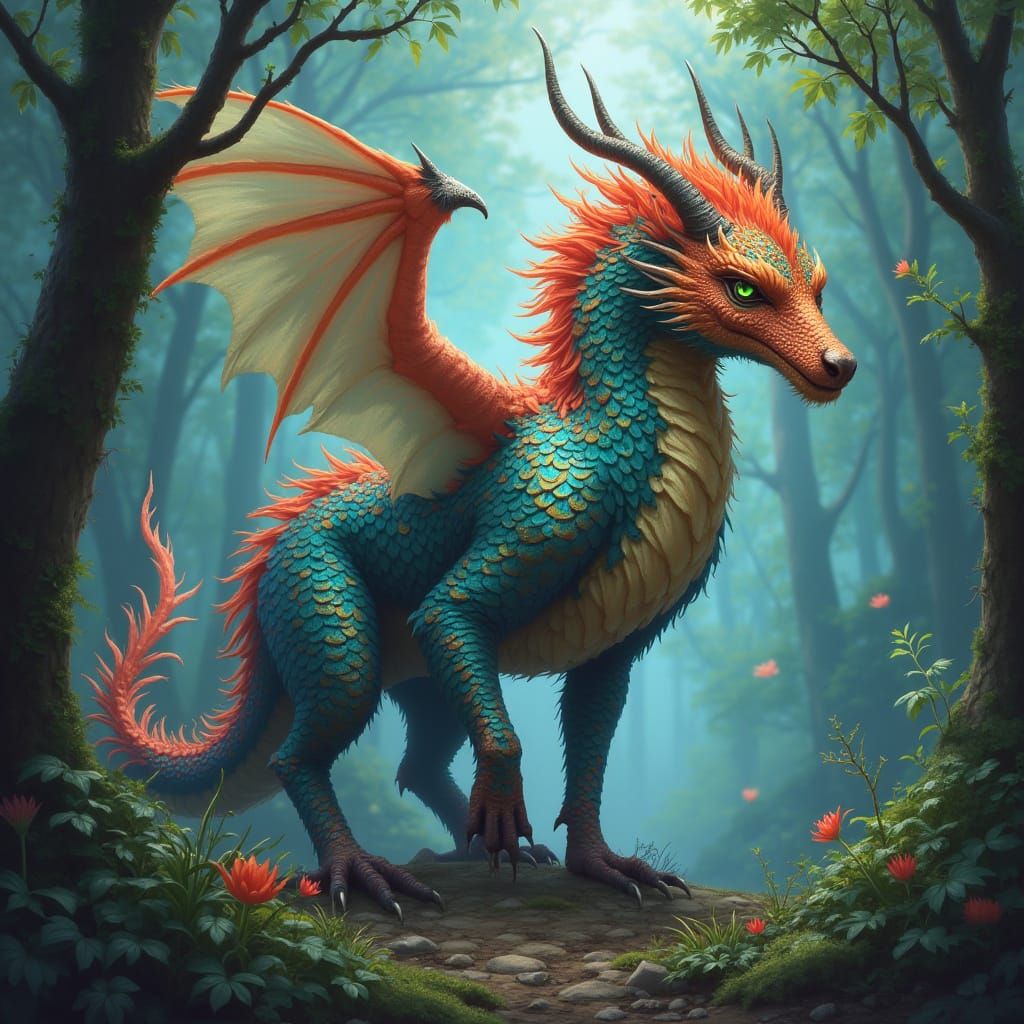 Majestic Iridescent Beast in Enchanted Forest