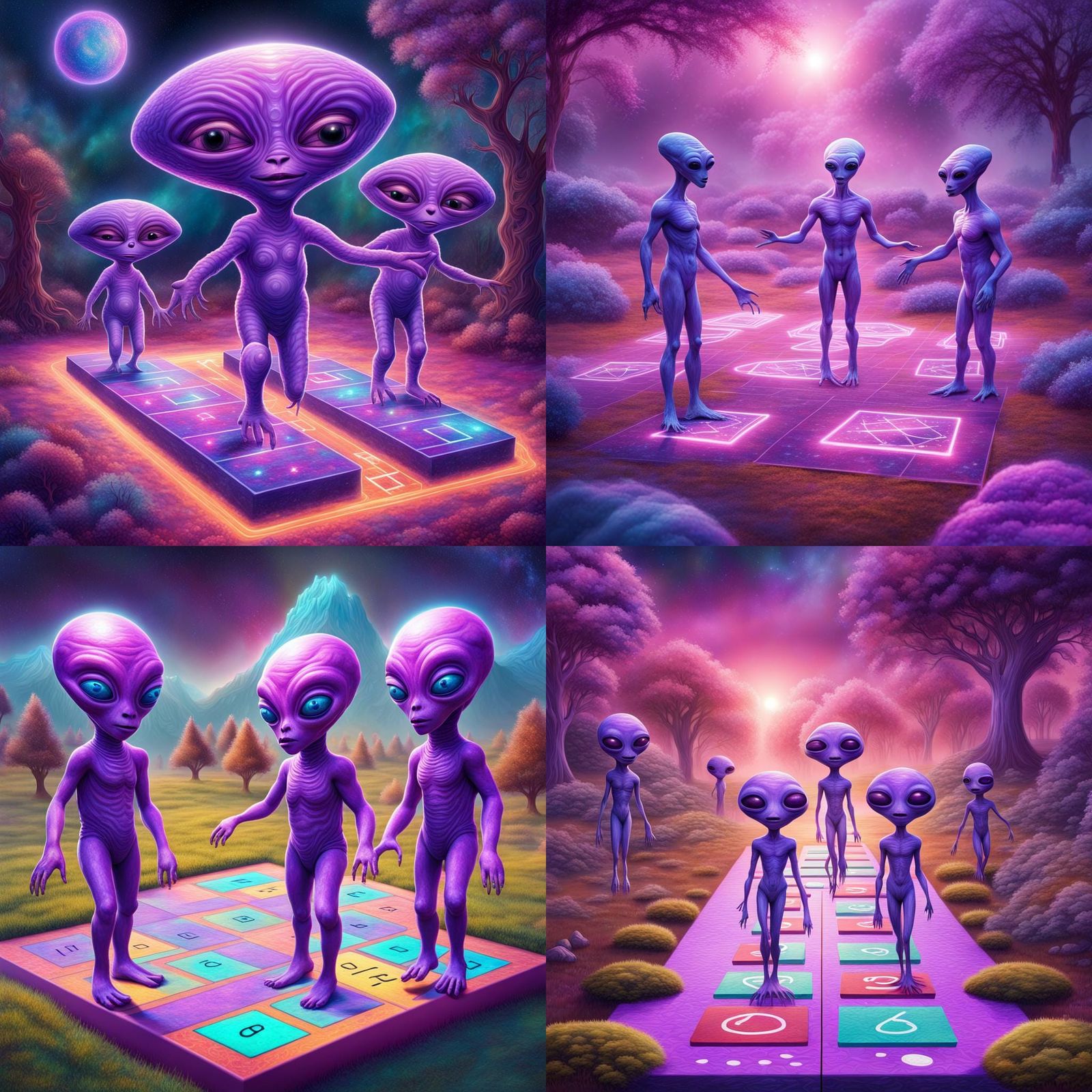 Purple Aliens Play Hopscotch, Holographic Illustration