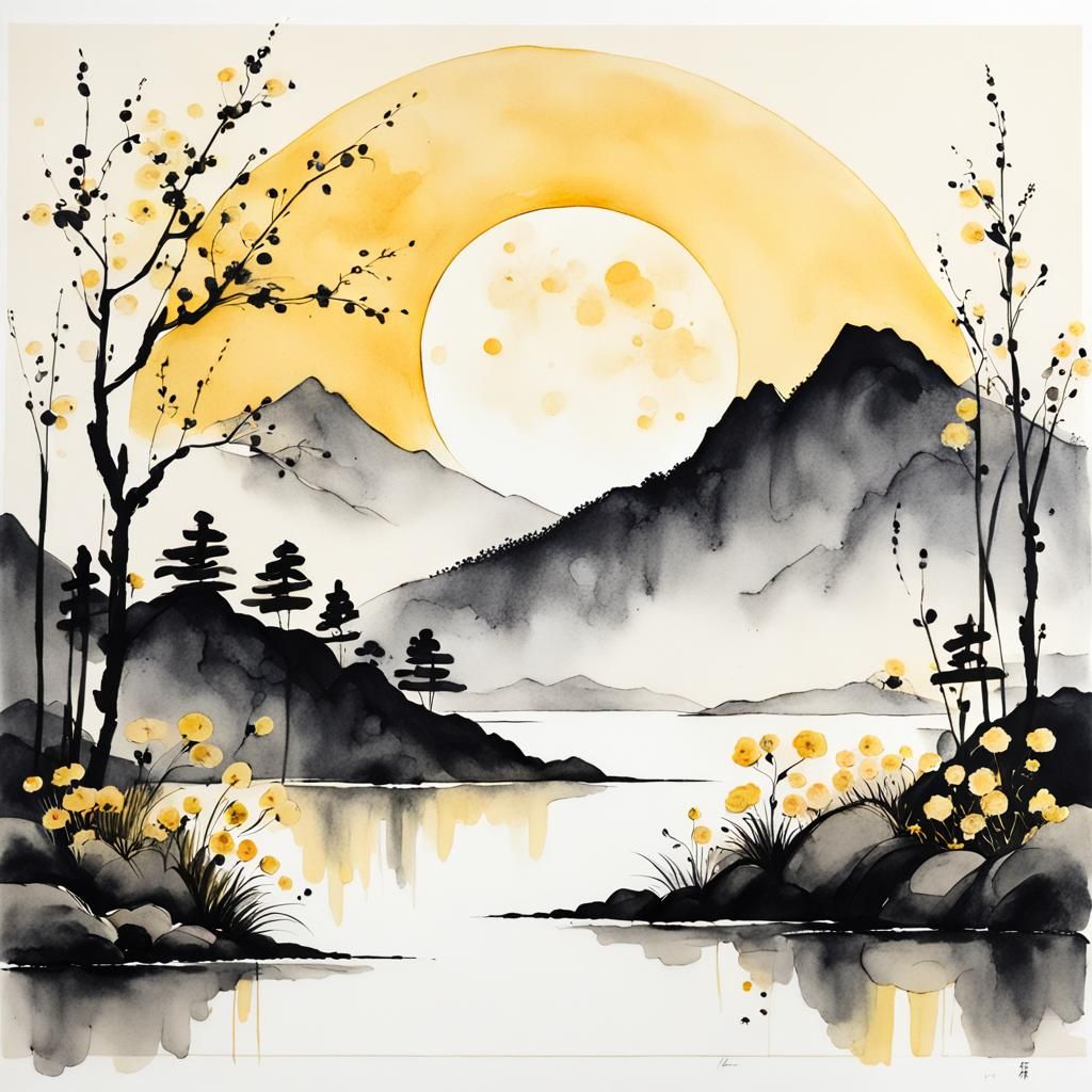 Minimalist Moonrise Landscape in Chinese Ink Style
