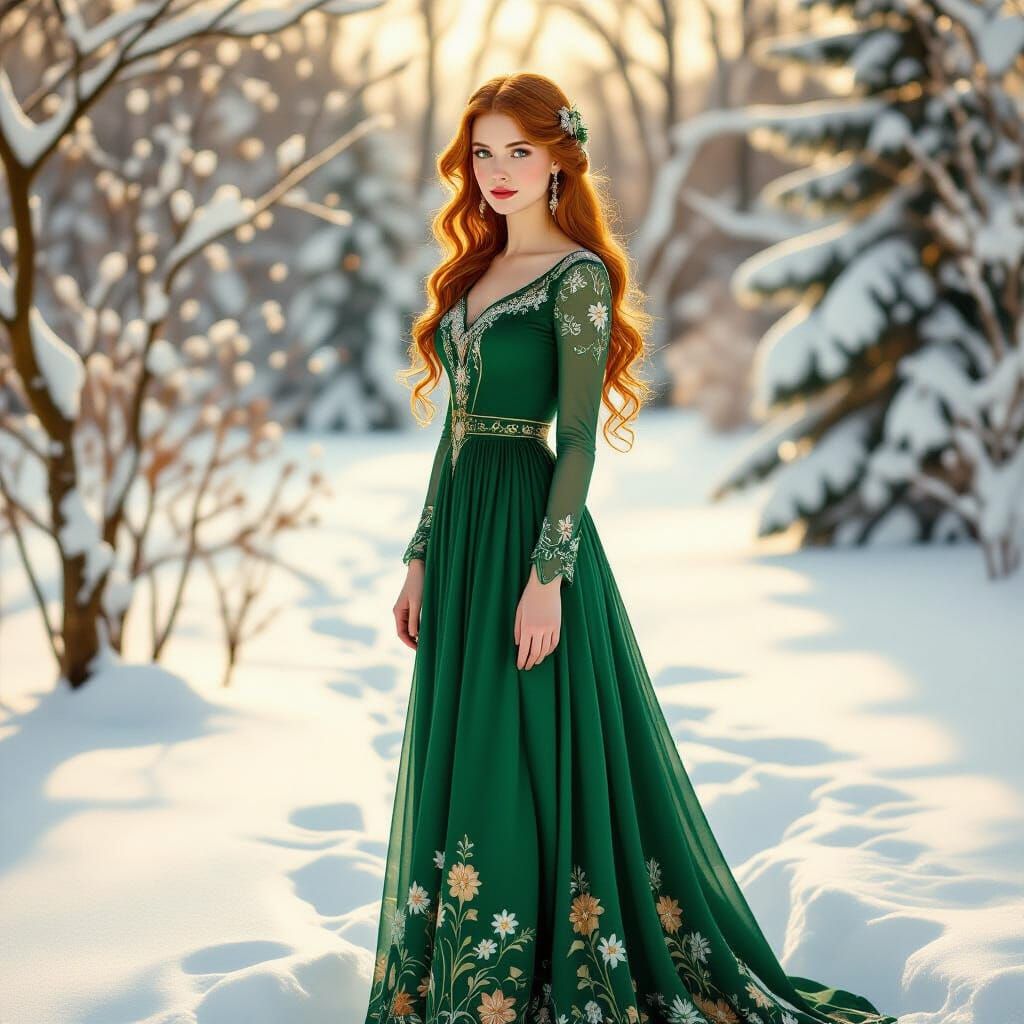 Jugendstil Girl in Snowy Winter Landscape