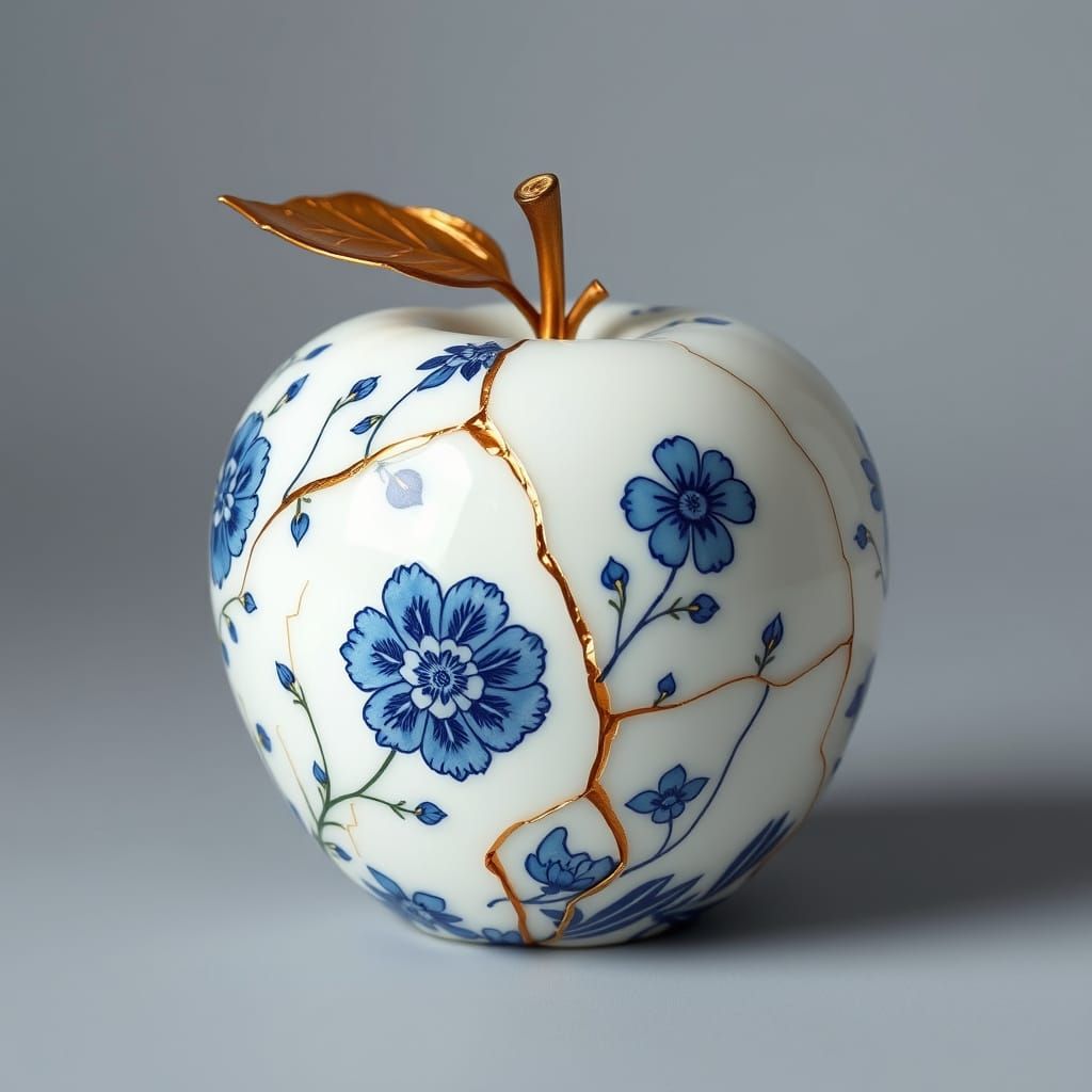 Porcelain Apple Masterpiece with Golden Kintsugi Seams