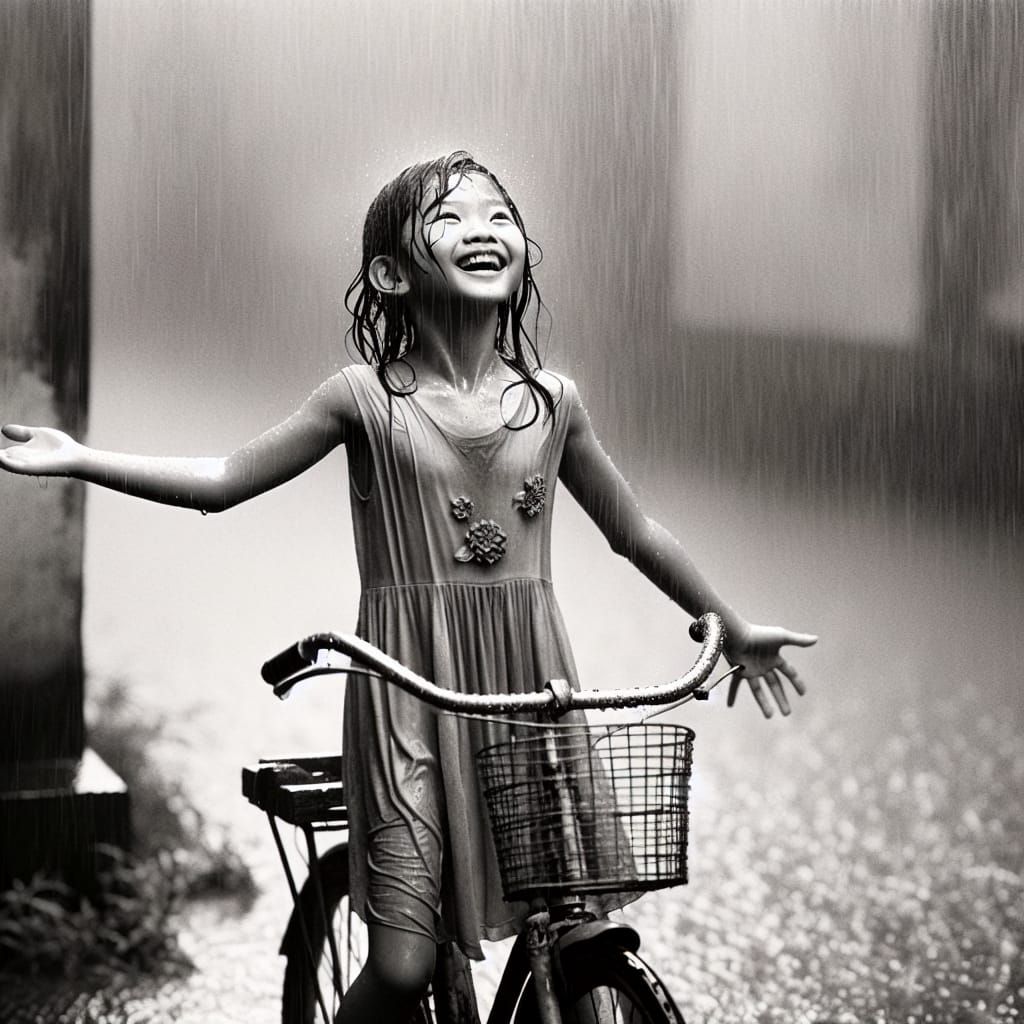 Asian Girl Finds Freedom in Rainy Moment