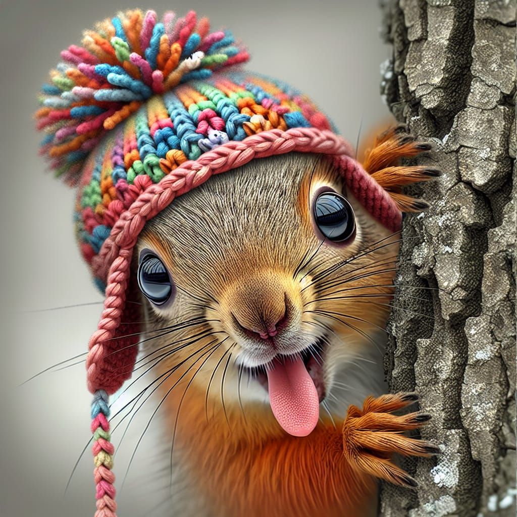 Squirrel with Colorful Crocheted Bobble Hat: 3D Render