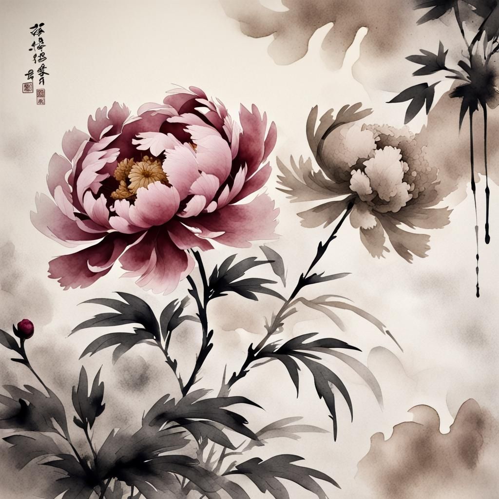 Muted Chinese Ink Painting of a Peony