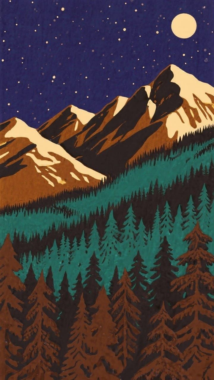 Retro Mid-Century Pop Art Night Mountain Range Poster
