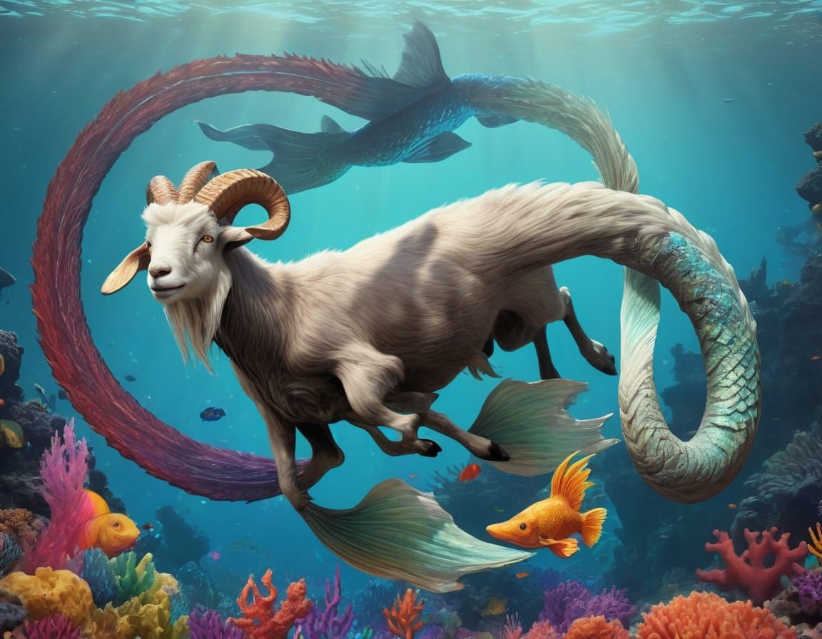Monstrous Goat with Fish Tail in Open Sea