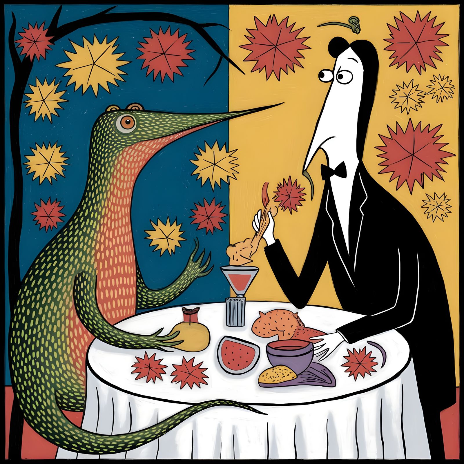 Lizards' Autumn Date Night in Modern Art Style