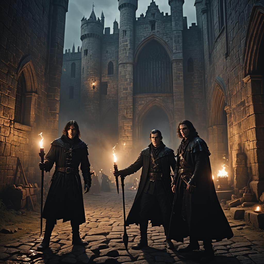 Gothic Horror: Adventurers Confront Vampire in Castle