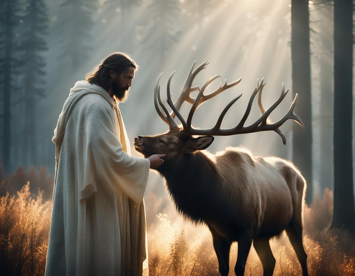 Jesus Petting an Elk in Misty Forest