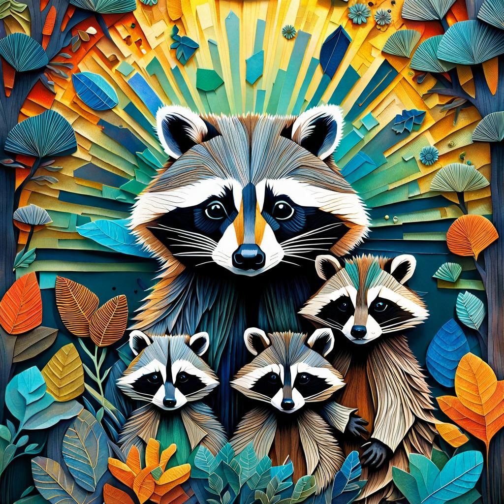Colorful Raccoon Family in Mixed Media Collage