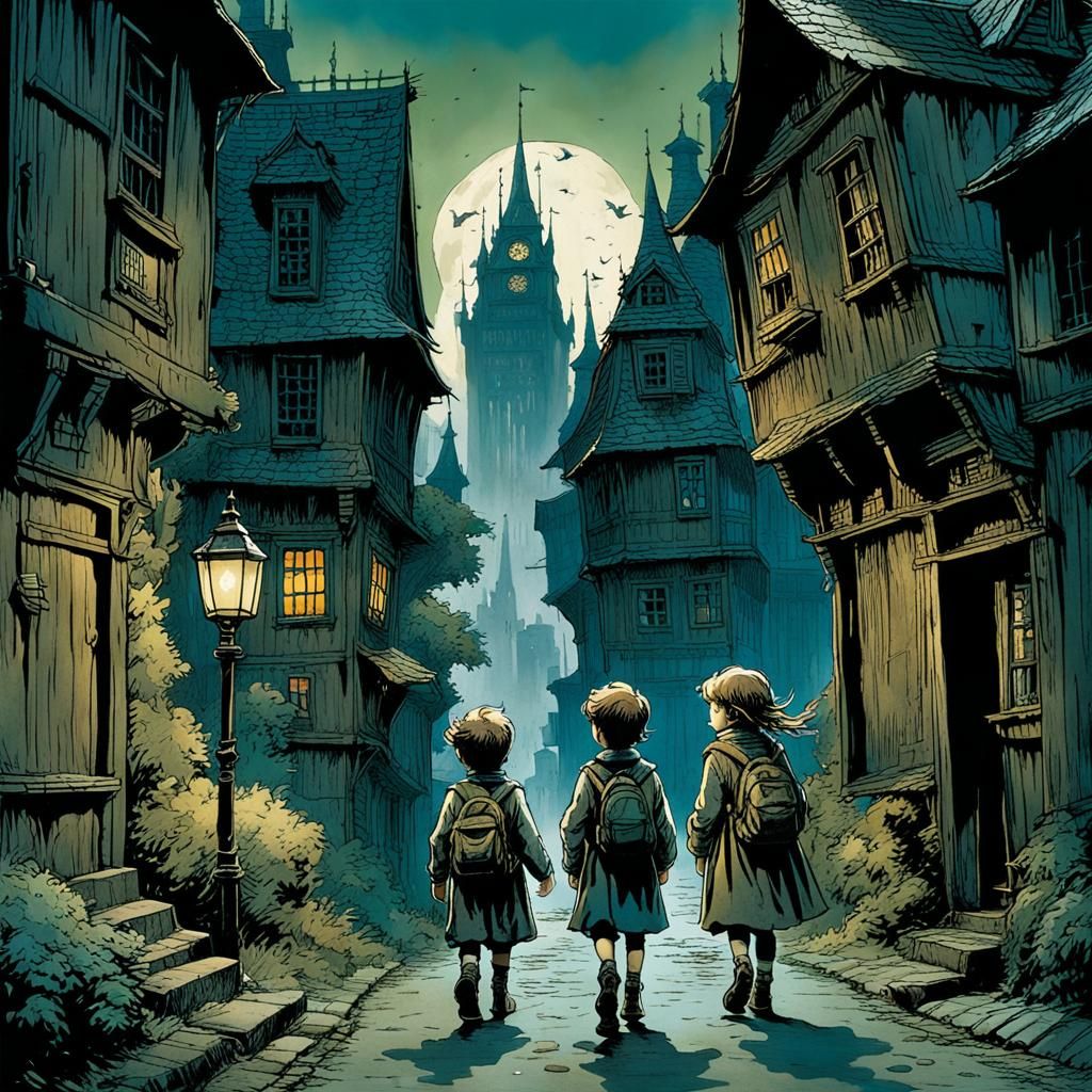 Whimsical Illustration of Children Leaving Dark City
