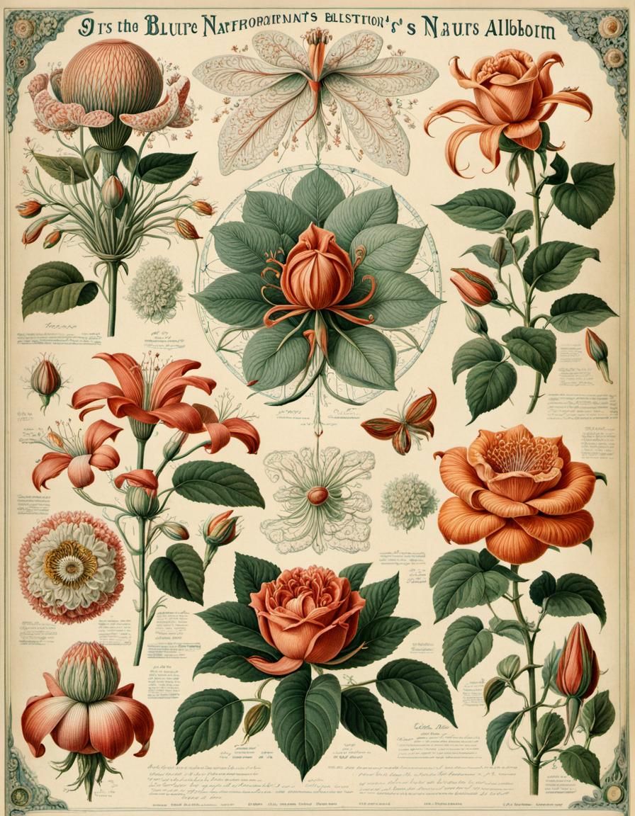 Vintage Botanical Blueprint of Roses and Lilies