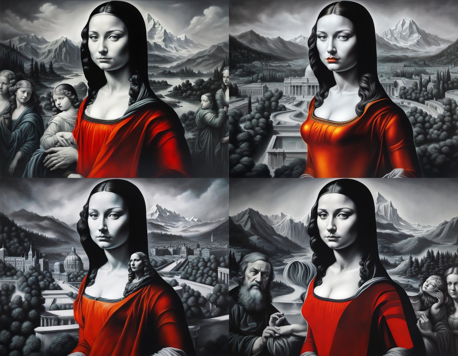 Airbrush Art: Art Julie Bell. A hologram.  Death hugs Mona Lisa to pick her up. Double exposure. In the background, you ...