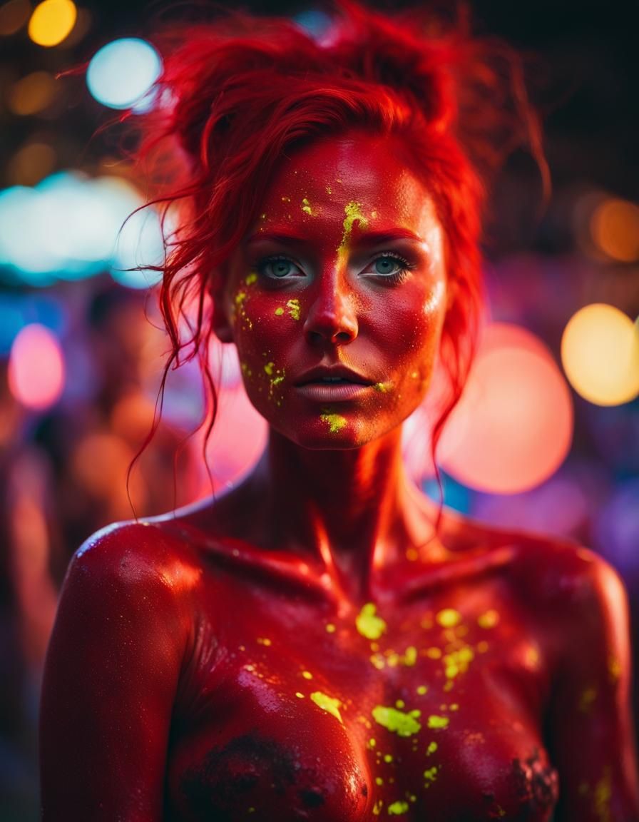 Fluorescent Concert Photo of Woman with Red Hair
