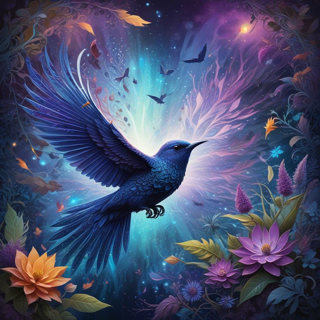 Celestial Birds in Cosmic Bliss, Iridescent Holographic Art