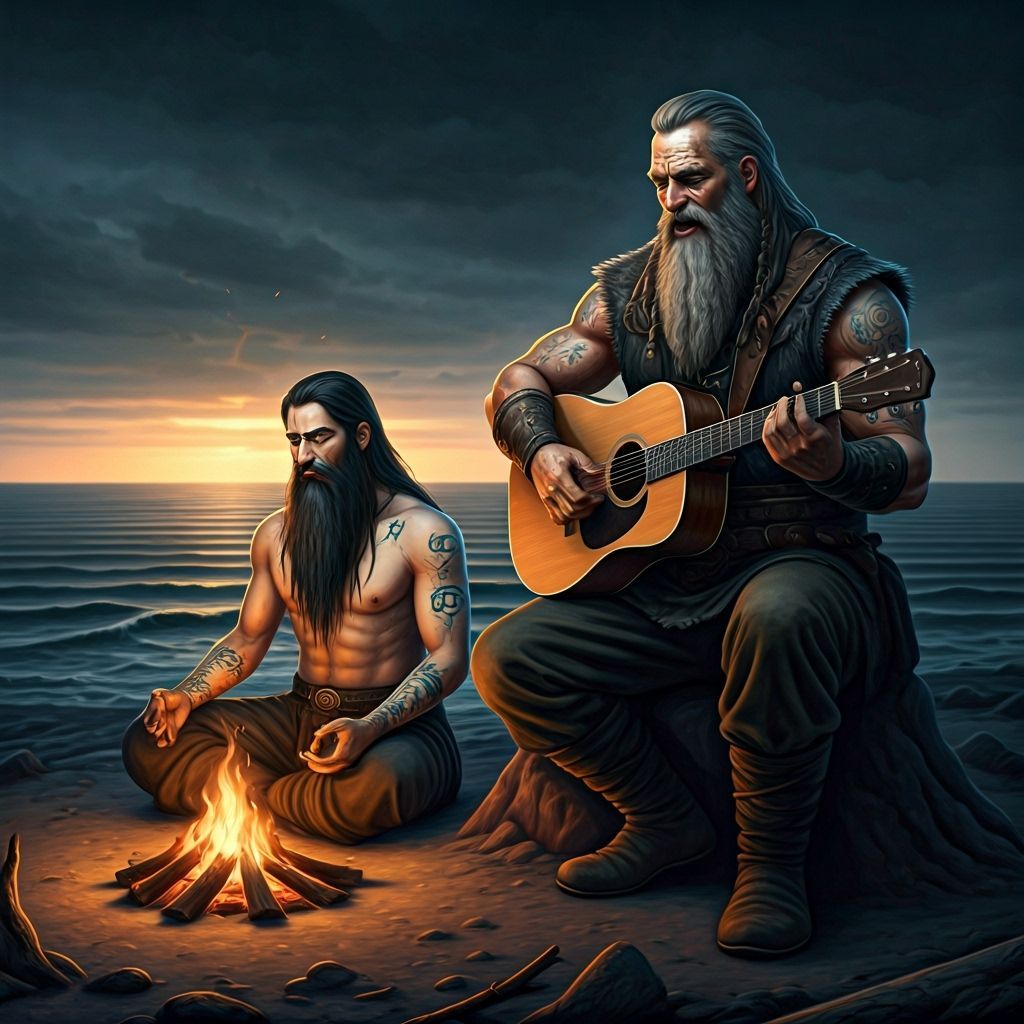 Dark Wizard Meditates by Fire with Viking Guitarist