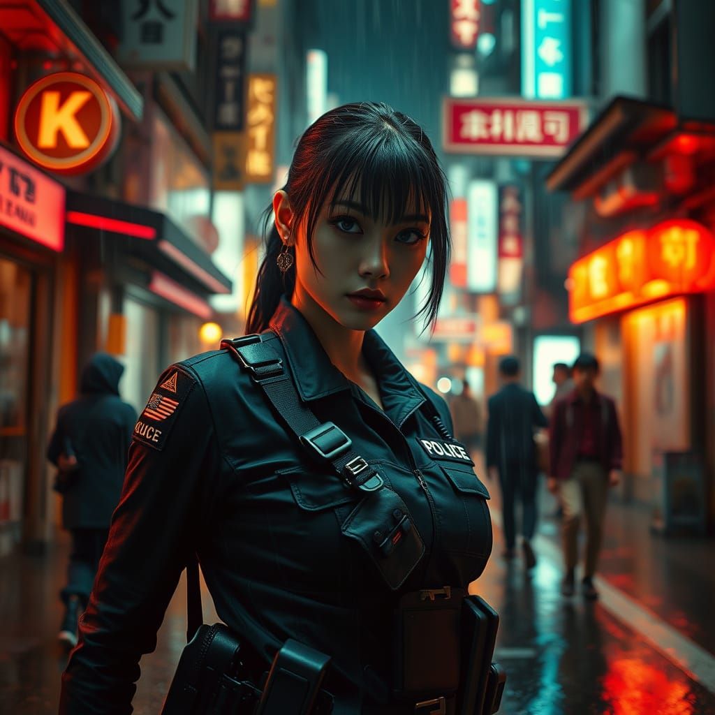 Cyberpunk Tokyo Police Officer in Gritty Film Still