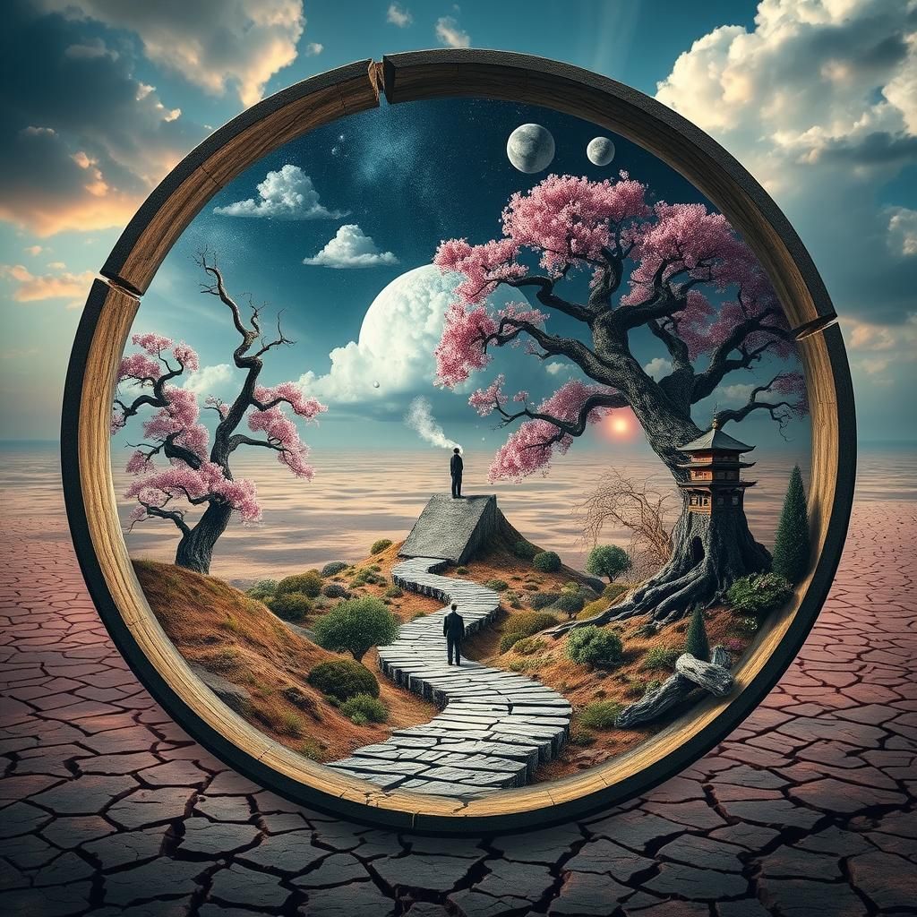 Surreal Stargate Scene with Blossoms and Pagodas