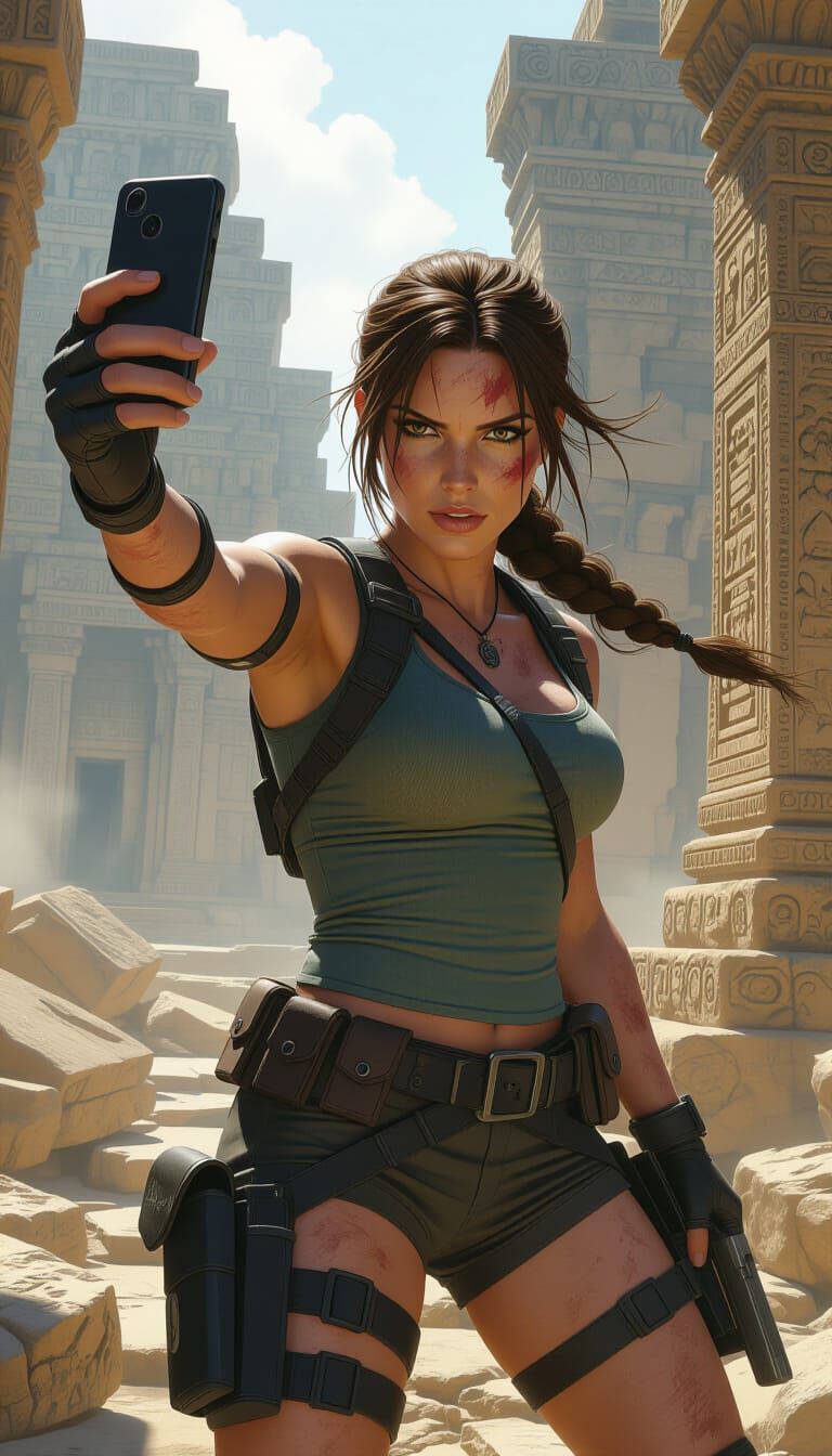 Lara Croft Takes Selfie at Ancient Temple