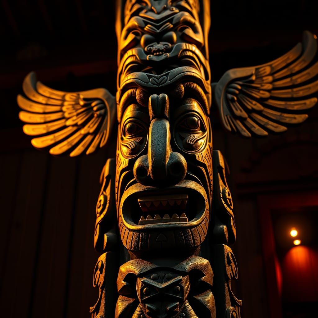 Majestic Totem Pole Illuminated by Firelight