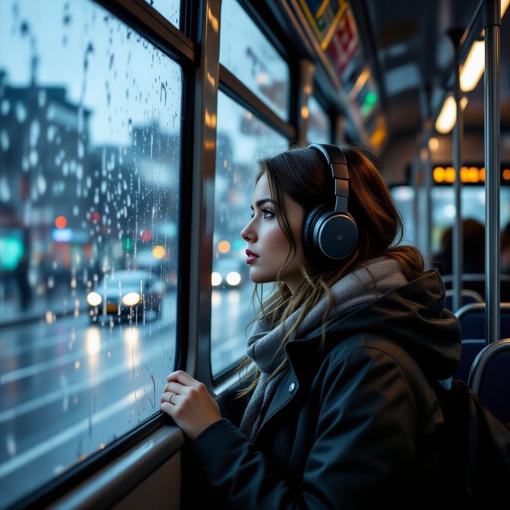 Woman on Rainy Bus: Moody Cinematic Portrait