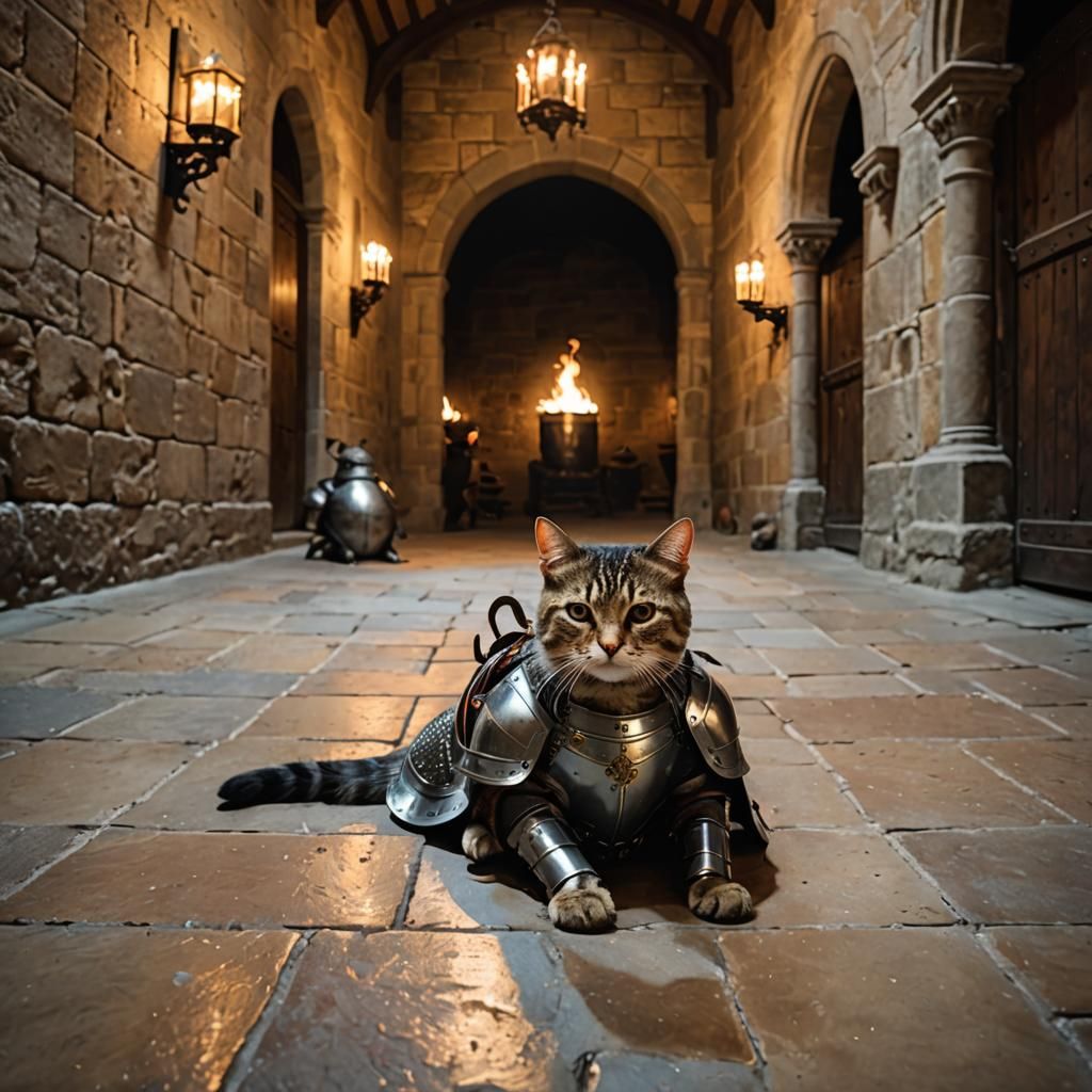 Medieval Cat in Armor in Castle Hallway