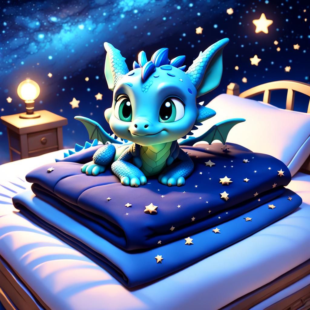 Cute Blue Dragon Cub in Bed, 3D Digital Art