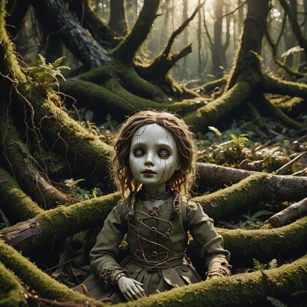 Eerie Doll in Mystical Forest Glade