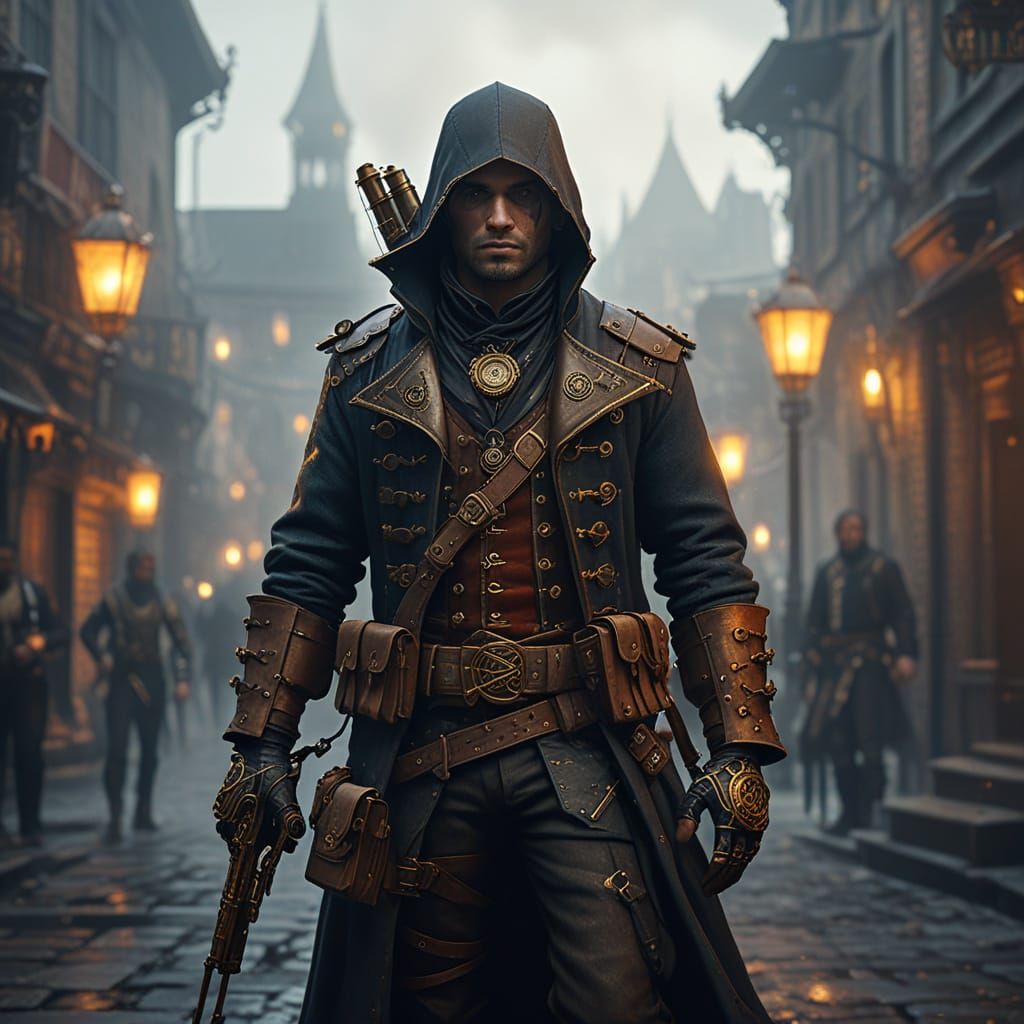 Steampunk Adventurer in Medieval City with Arcane Firearm