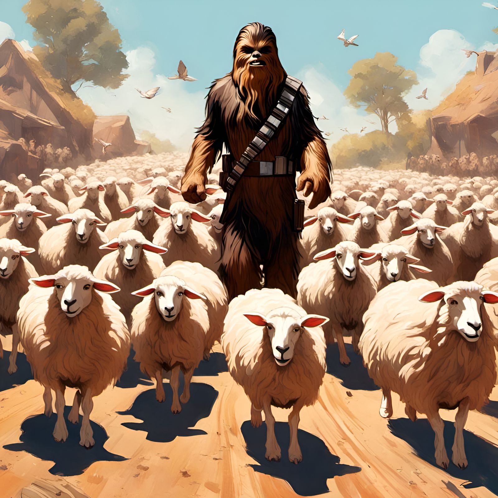 Chewbacca Herding Sheep in Digital Illustration