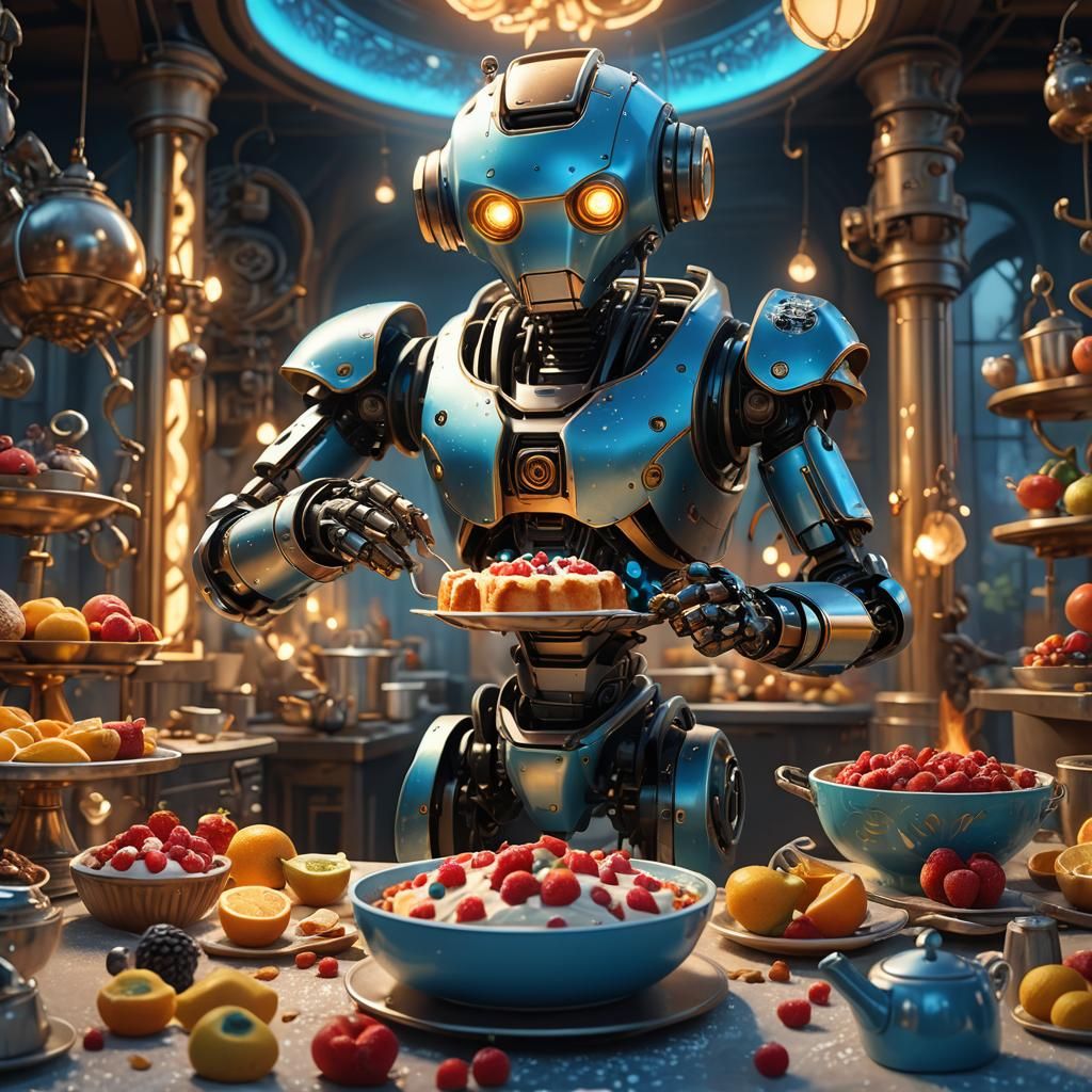Friendly Robot Bakes Fruitless Cake: Whimsical Fantasy Art