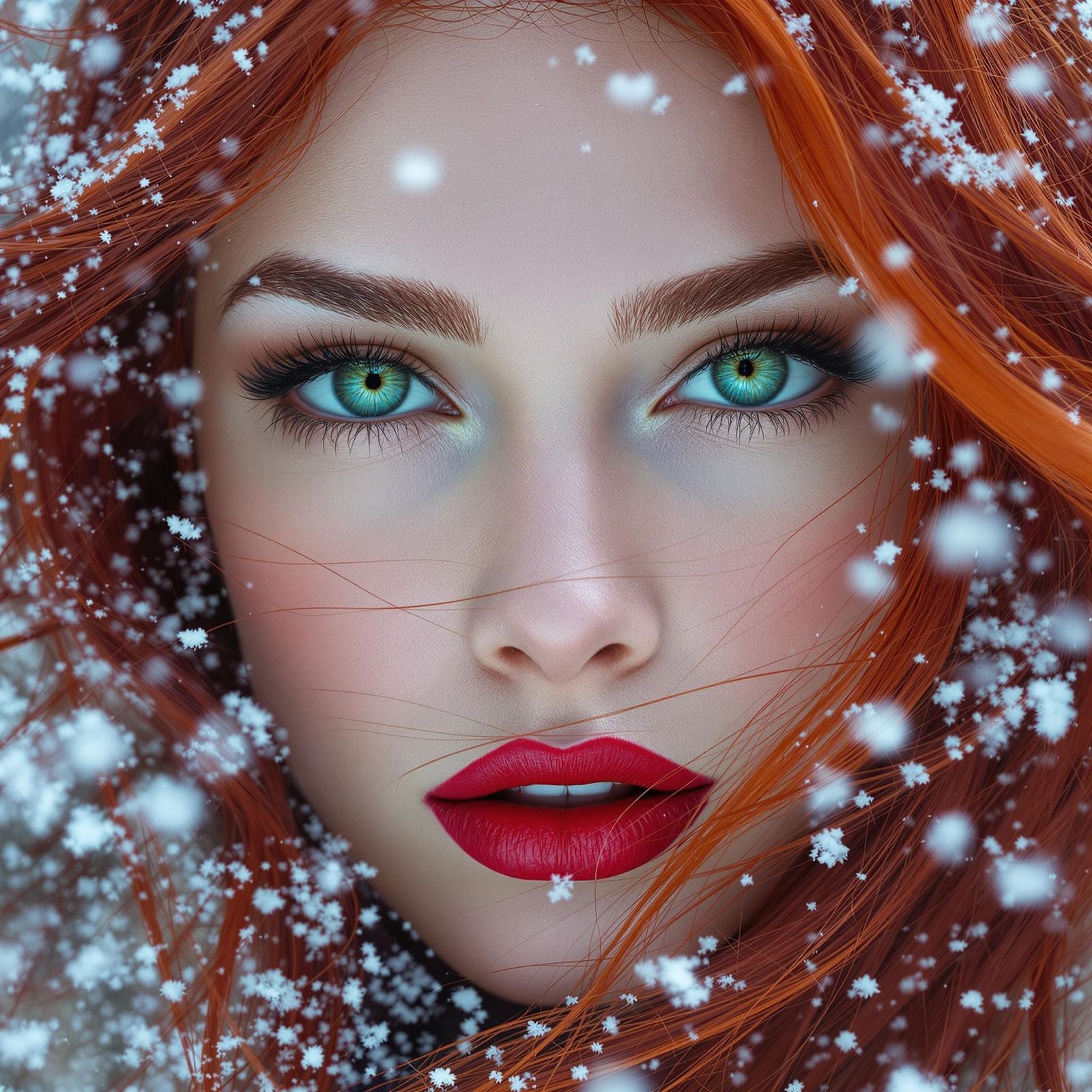 Hyperrealistic Portrait of a Scarlet-Haired Woman in Snow