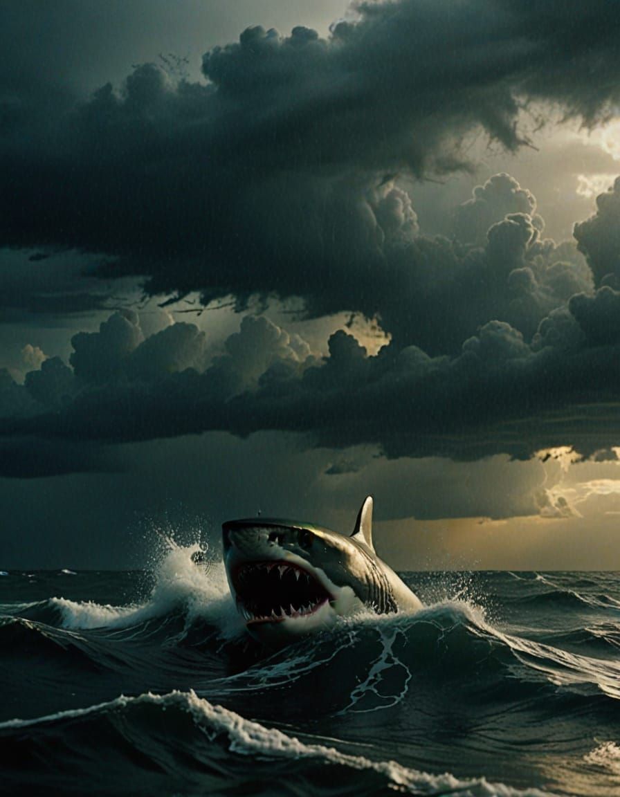 Shark Attack in Stormy Sea: Cinematic Film Still