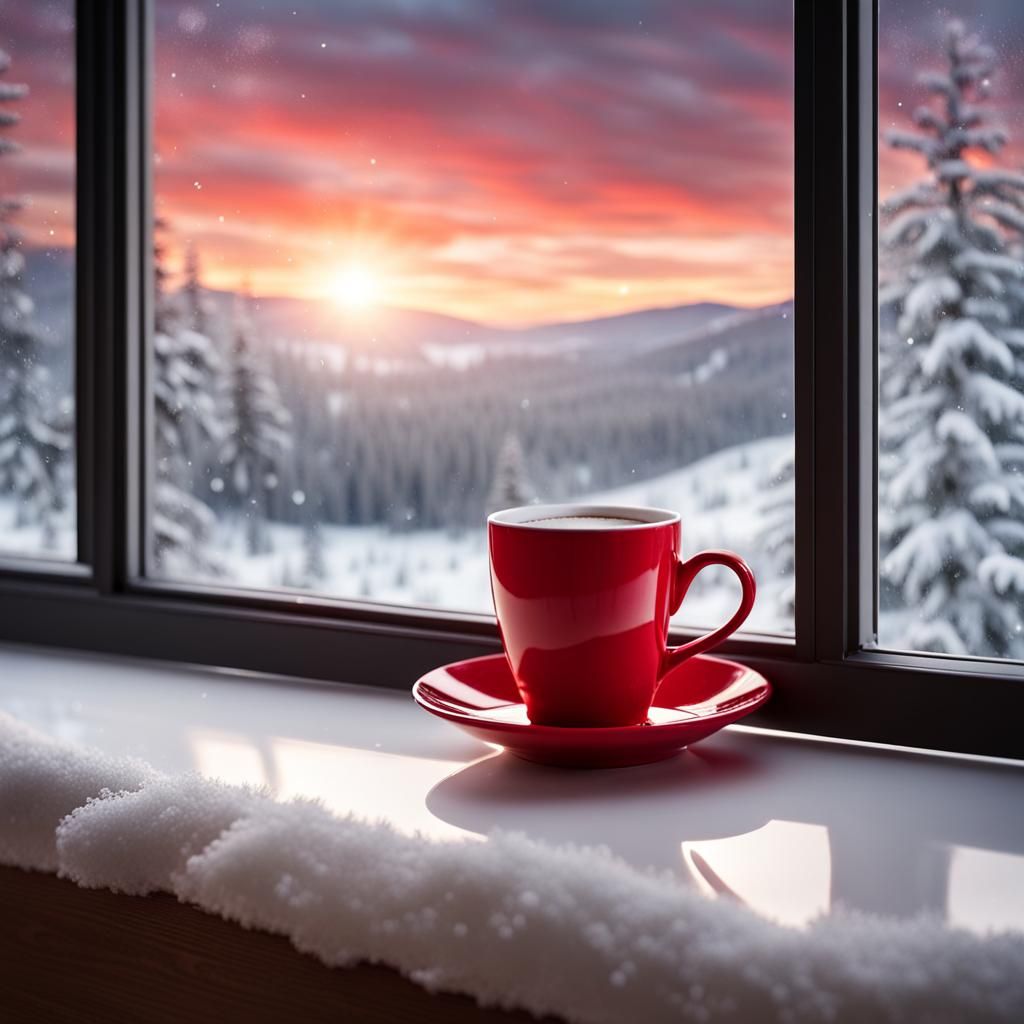 Red Coffee Cup on Snowy Christmas Morning