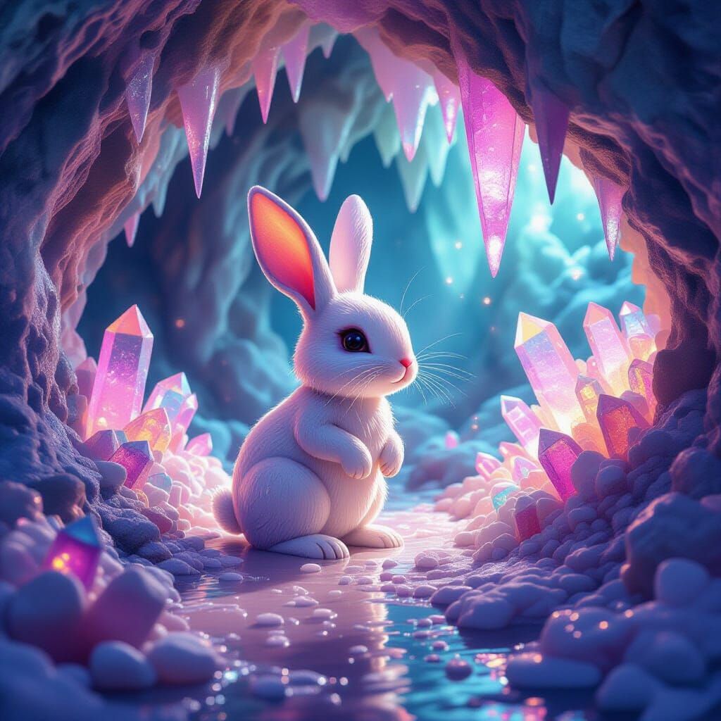 Whimsical Candy Rabbit in Glowing Crystal Cave