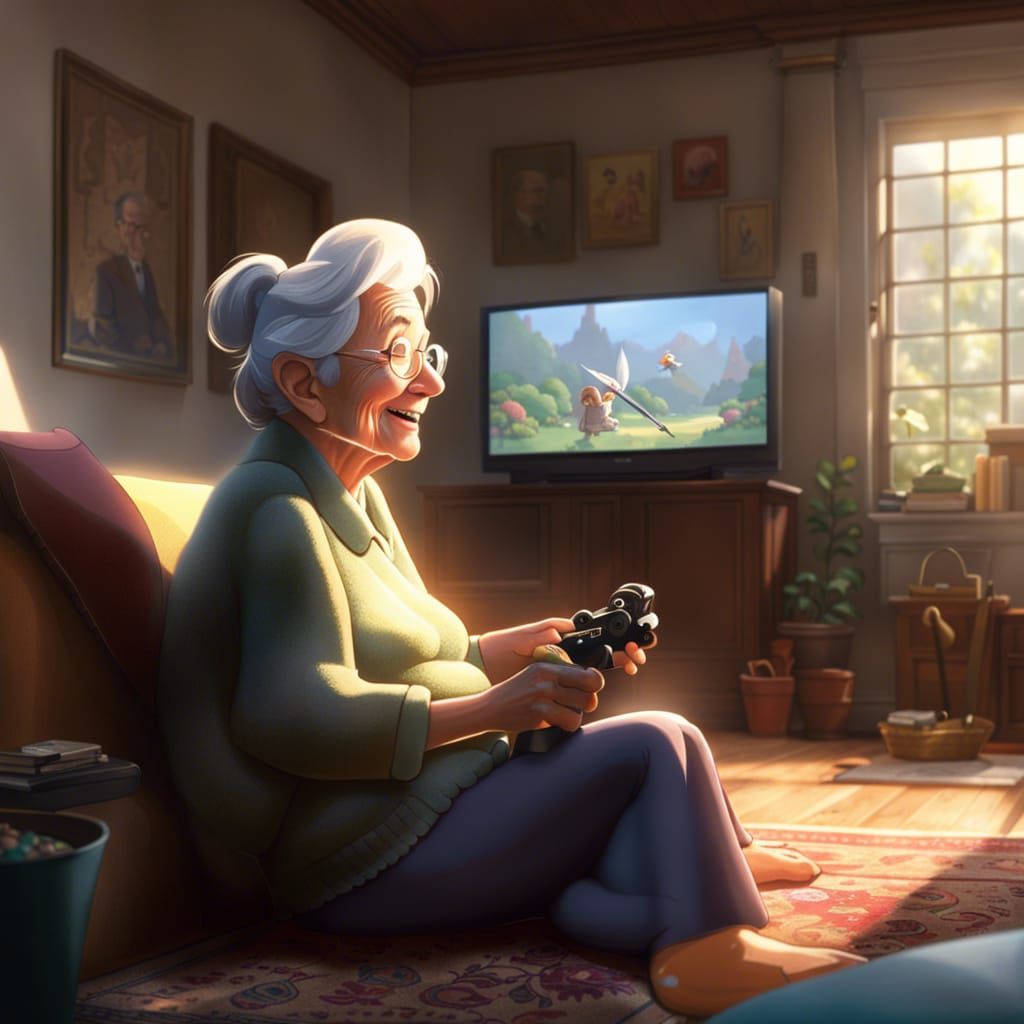 Joyful Grandma Gamer in Animated Style