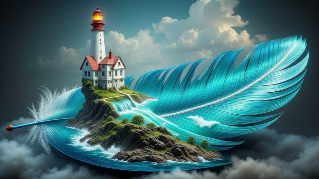 Surreal Miniature Landscape in Iridescent Bird Feather