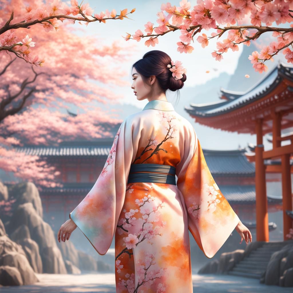 Woman in Kimono with Cherry Blossoms in Watercolour
