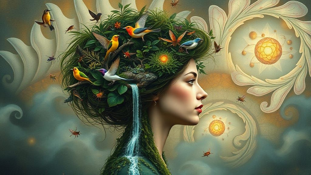 Rainforest Hair: A Bio-Art Collage in Surreal Style
