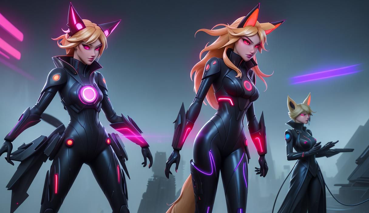 Kitsune Girl in Tron Costume Rides in Cyberpunk City