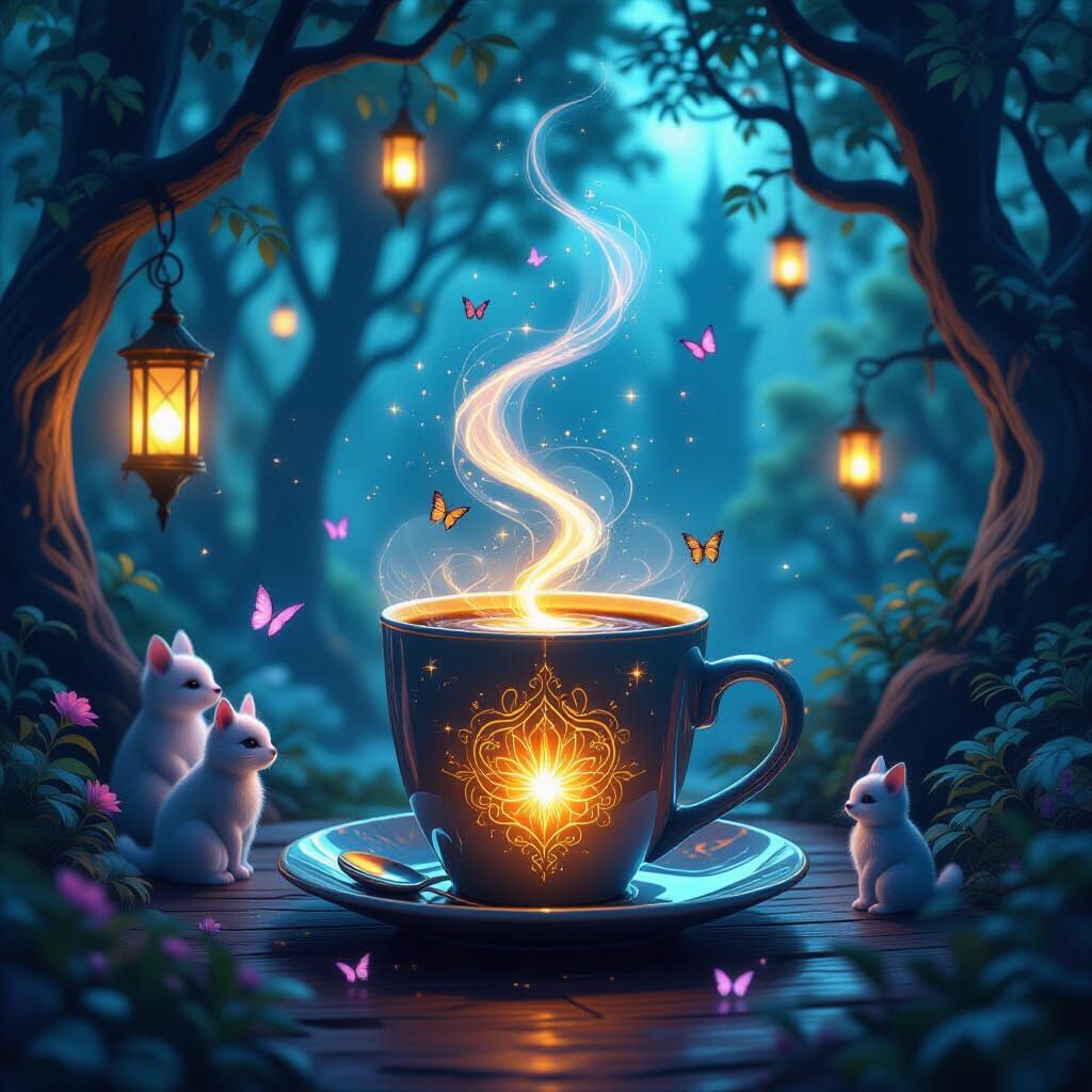 Enchanted Cafe With Glowing Lanterns and Stardust Steam