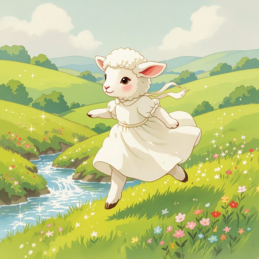 Whimsical Lamb's Dream: A Storybook Scene