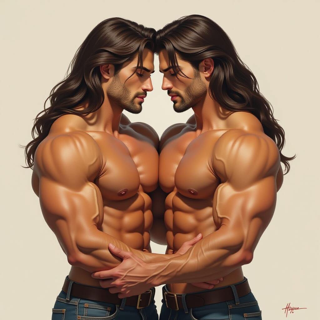 Hyperrealistic Embrace: Two Muscular Men in Love