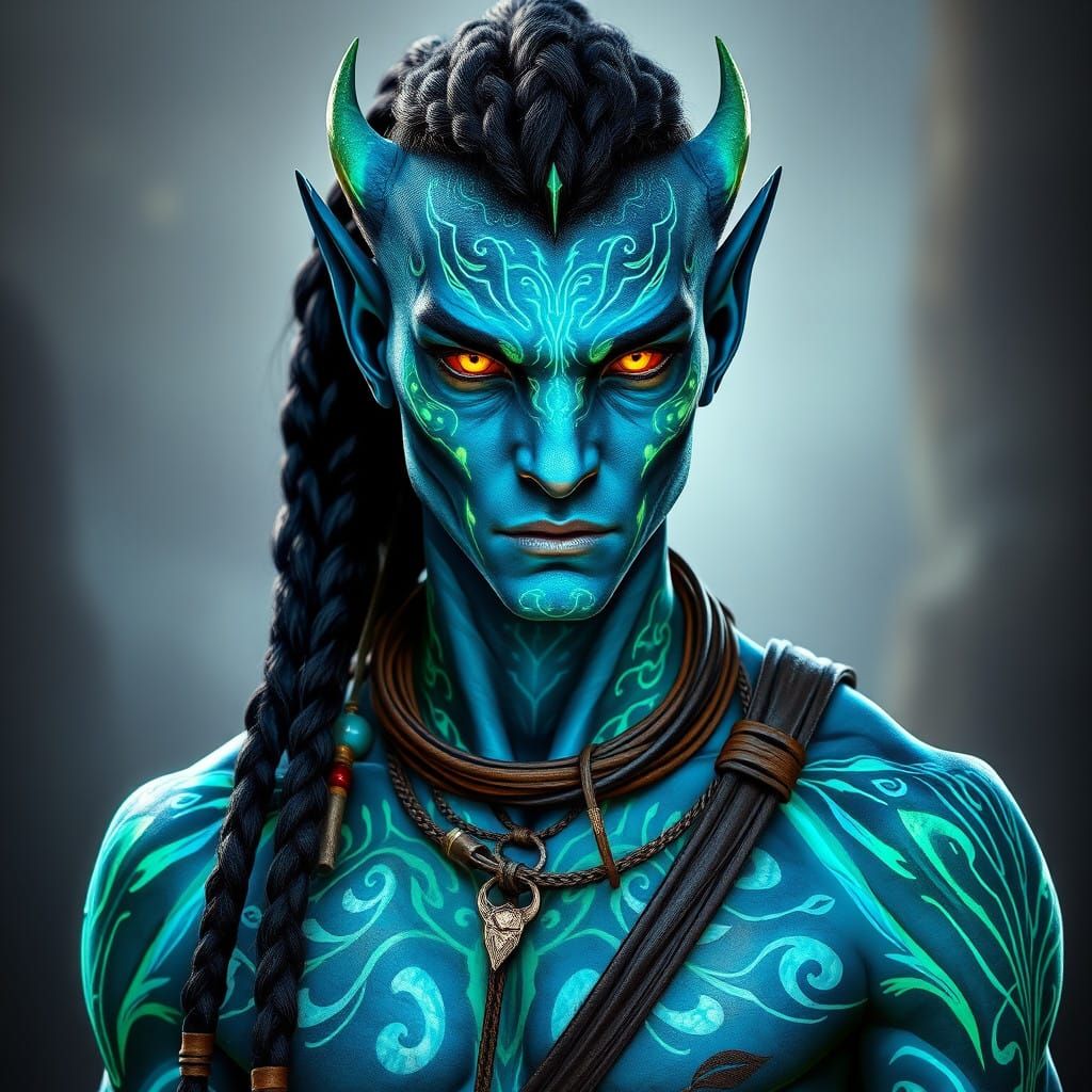 Majestic Blue-Skinned Na'vi Warrior in Sci-Fi Tribal Style