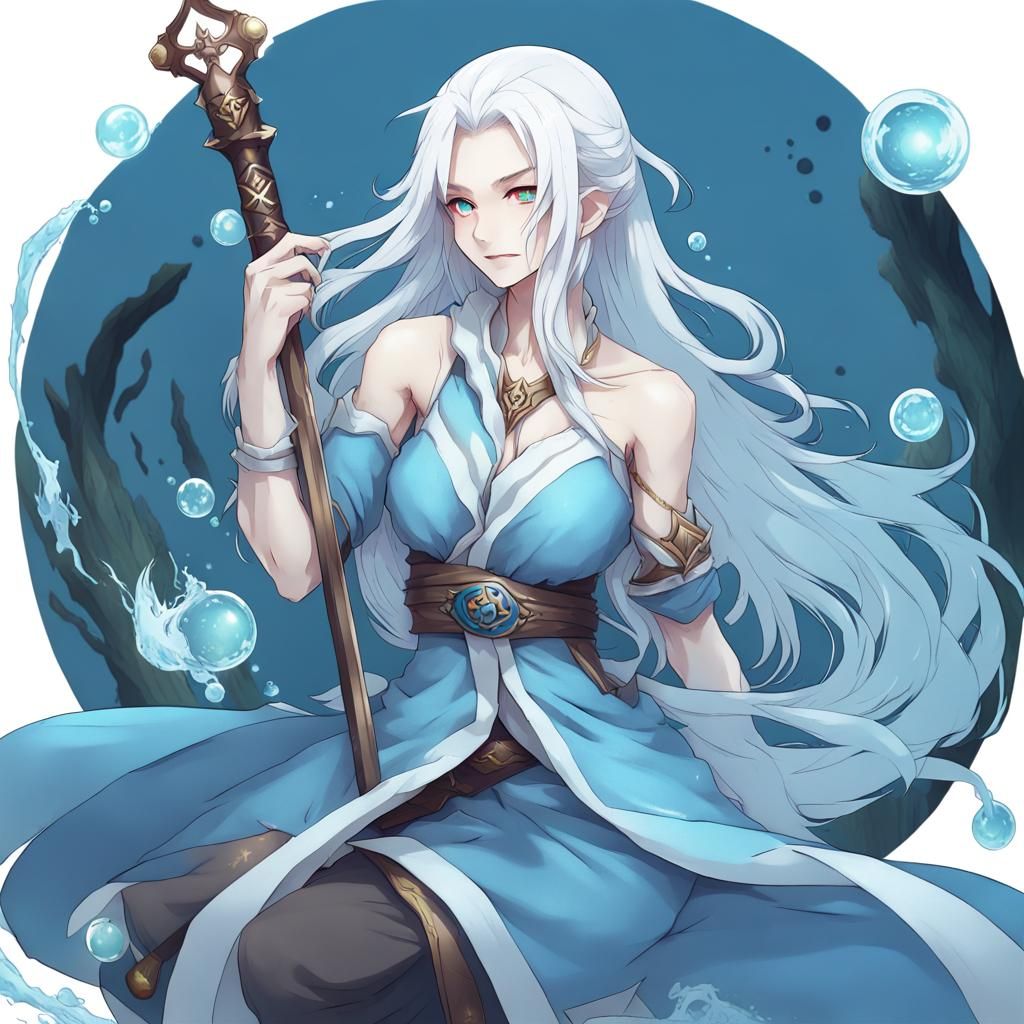 Evil Water Genasi Bard in Anime Style