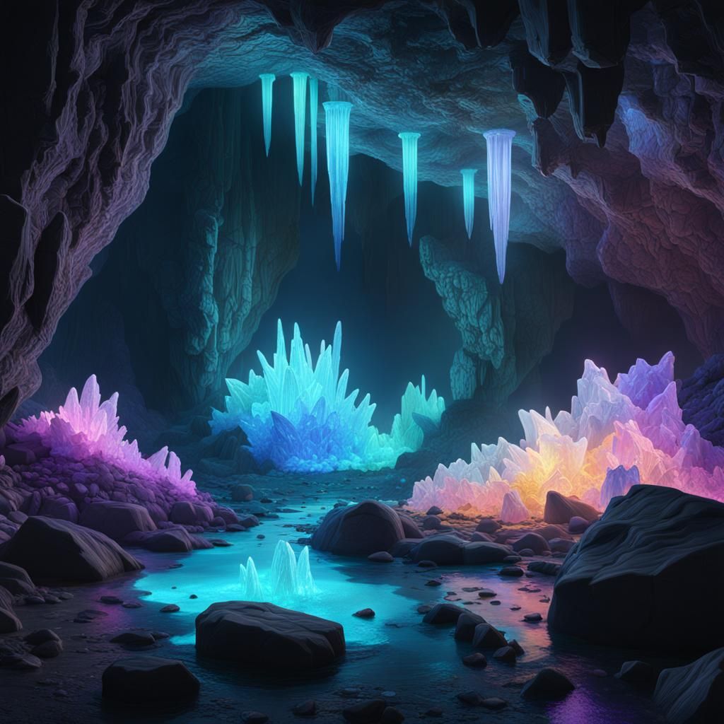 Bioluminescent Crystals in Cave, Digital Matte Painting