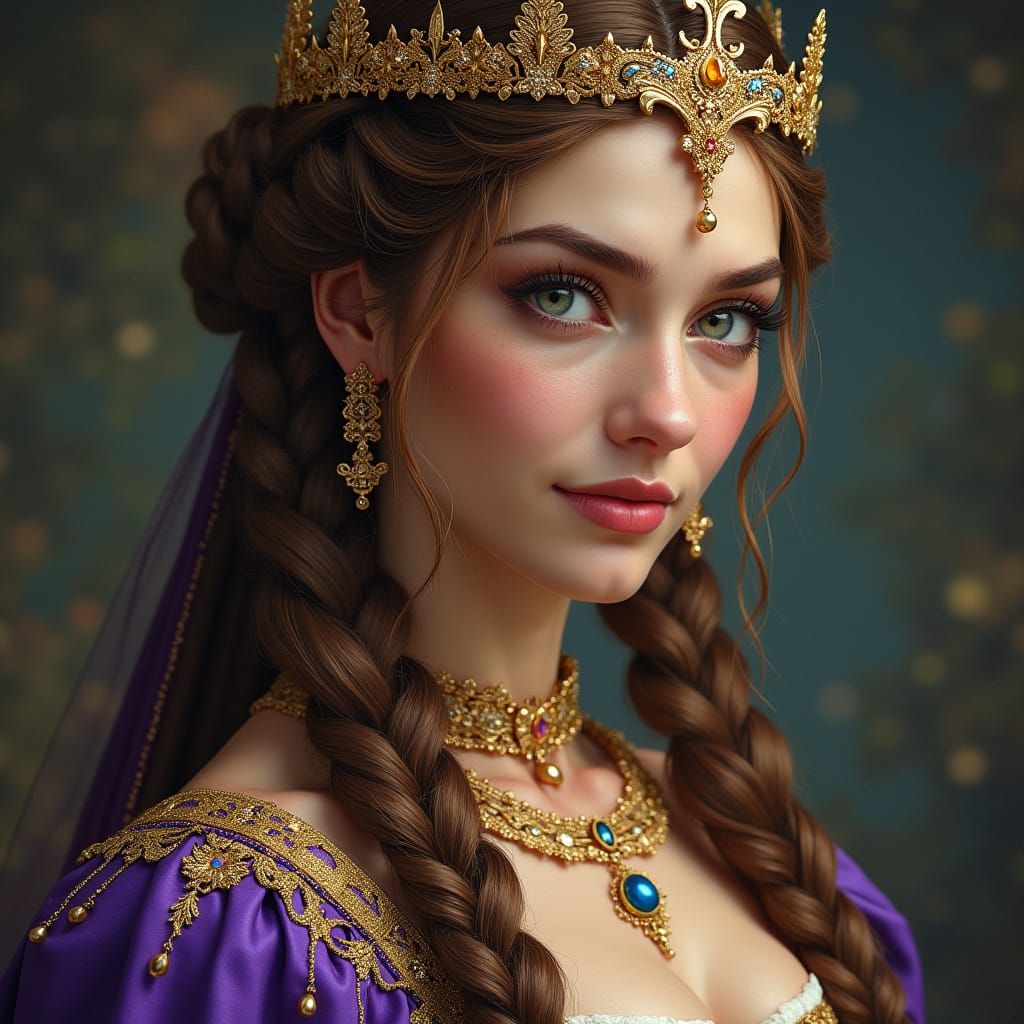 Medieval Queen in Velvet Gown with Gold Embroidery