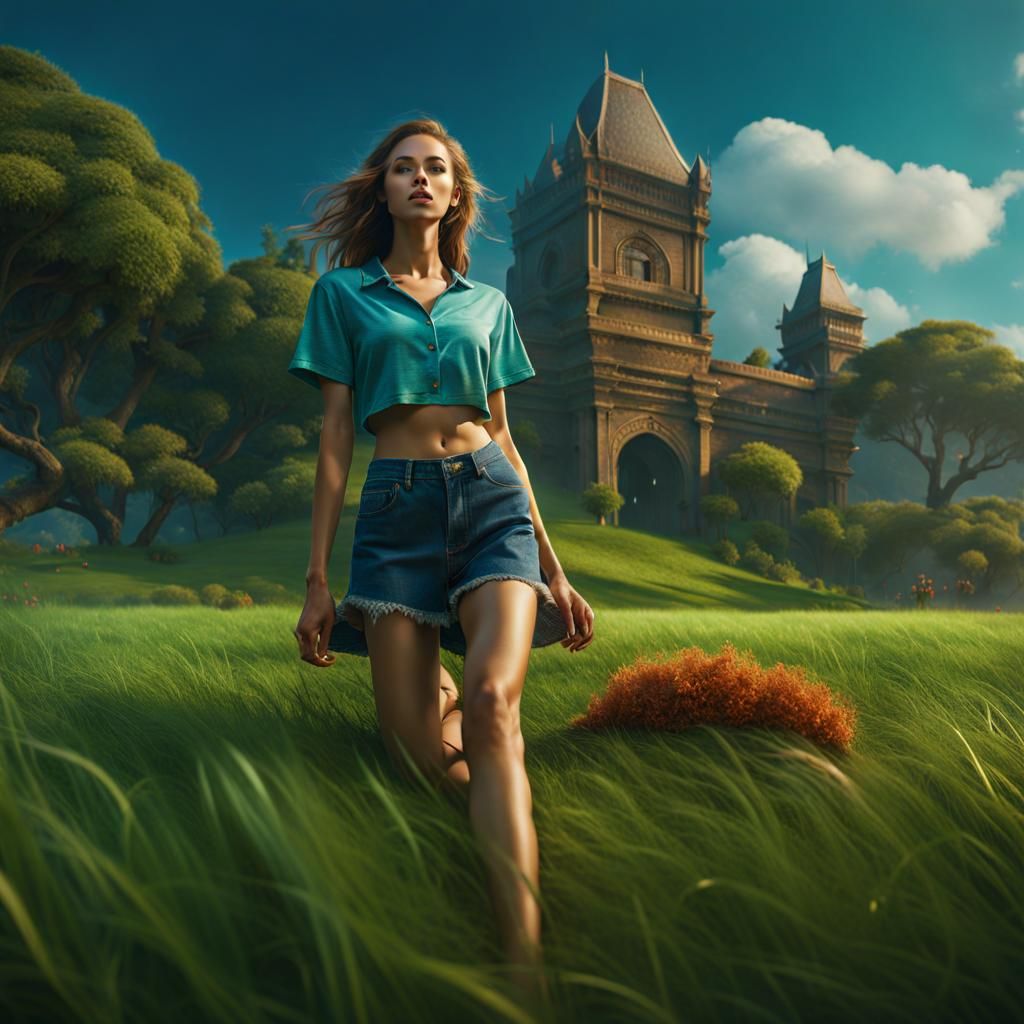 Young Woman Relaxing on Grass: Detailed Matte Painting