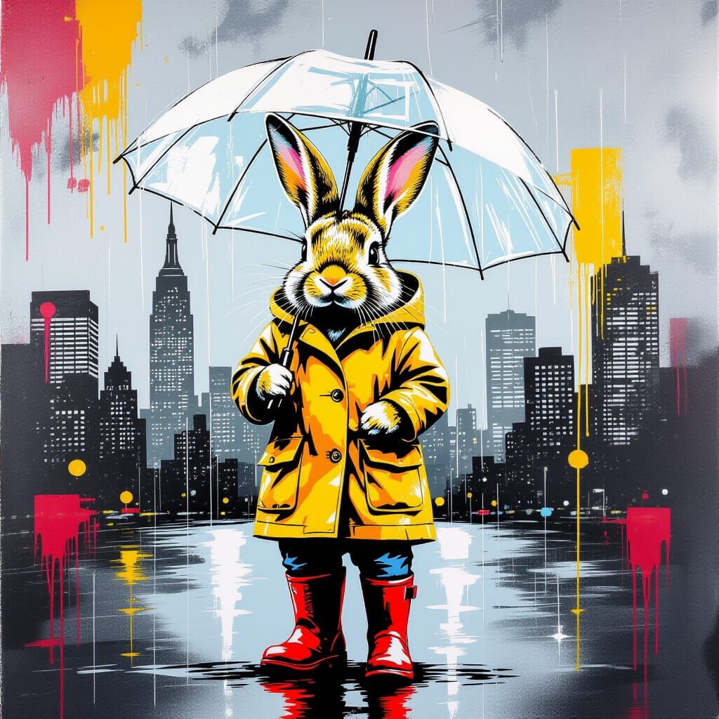 Rabbit in Rain Gear, Urban Street Art Style