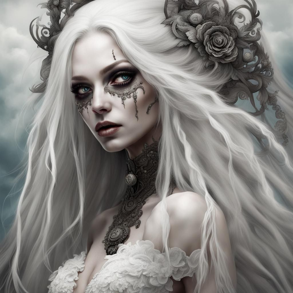 Fantasy White-Haired Woman with Dot Eyes Makeup